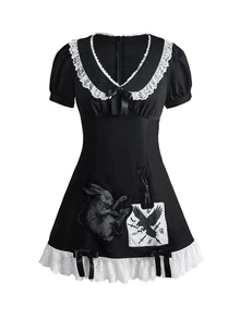 ROMWE Women's Mini Dress Short Dress Peter Pan Collar Rabbit Scissors Eagle Bow Lace Black & White Goth Fairy Tale - Black - View 1