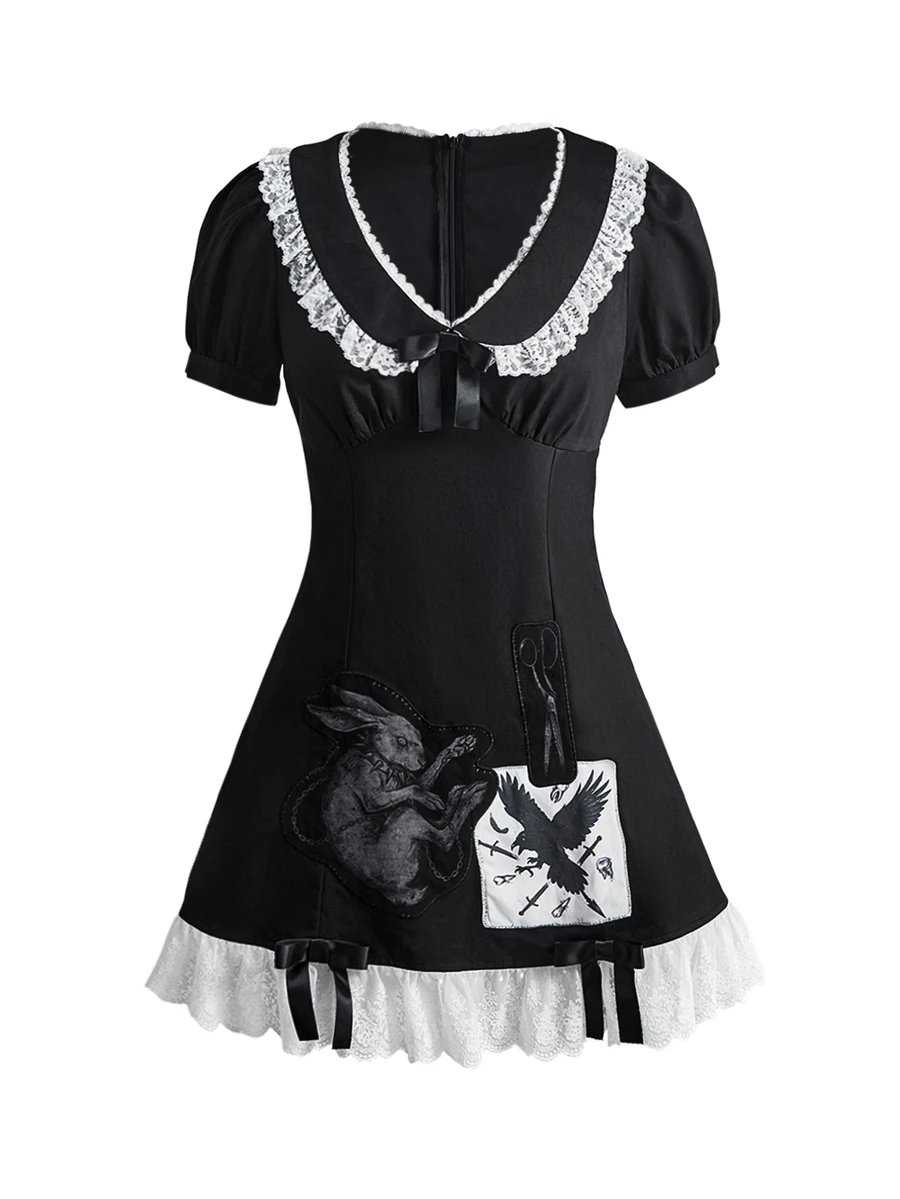 ROMWE Women's Mini Dress Short Dress Peter Pan Collar Rabbit Scissors Eagle Bow Lace Black & White Goth Fairy Tale - Black - View 1