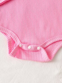 SHEIN 3pcs Baby Girls Romper Pants Headband Pink Cow Print Ribbed Knit Long Sleeve Round Neck Ruffle Bow Button Front Birthday Fall - Multicolor - View 6