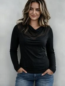 Weeklong Plus Size Sexy Mesh Patchwork Long Sleeve T-Shirt - Black - View 4