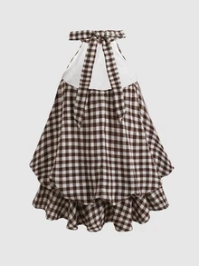 SHEIN Tween Girl Tween Girl Tween Girl Plaid Khaki Halter Tie Mini Dress - Khaki - View 6