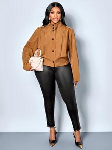 SOLERSUN Plus Size Short Orange Jacket, Stand Collar, Shoulder Patch Design, Long Sleeve, Front Pleated Design, Autumn Casual Short Jacket - Brown - View 7