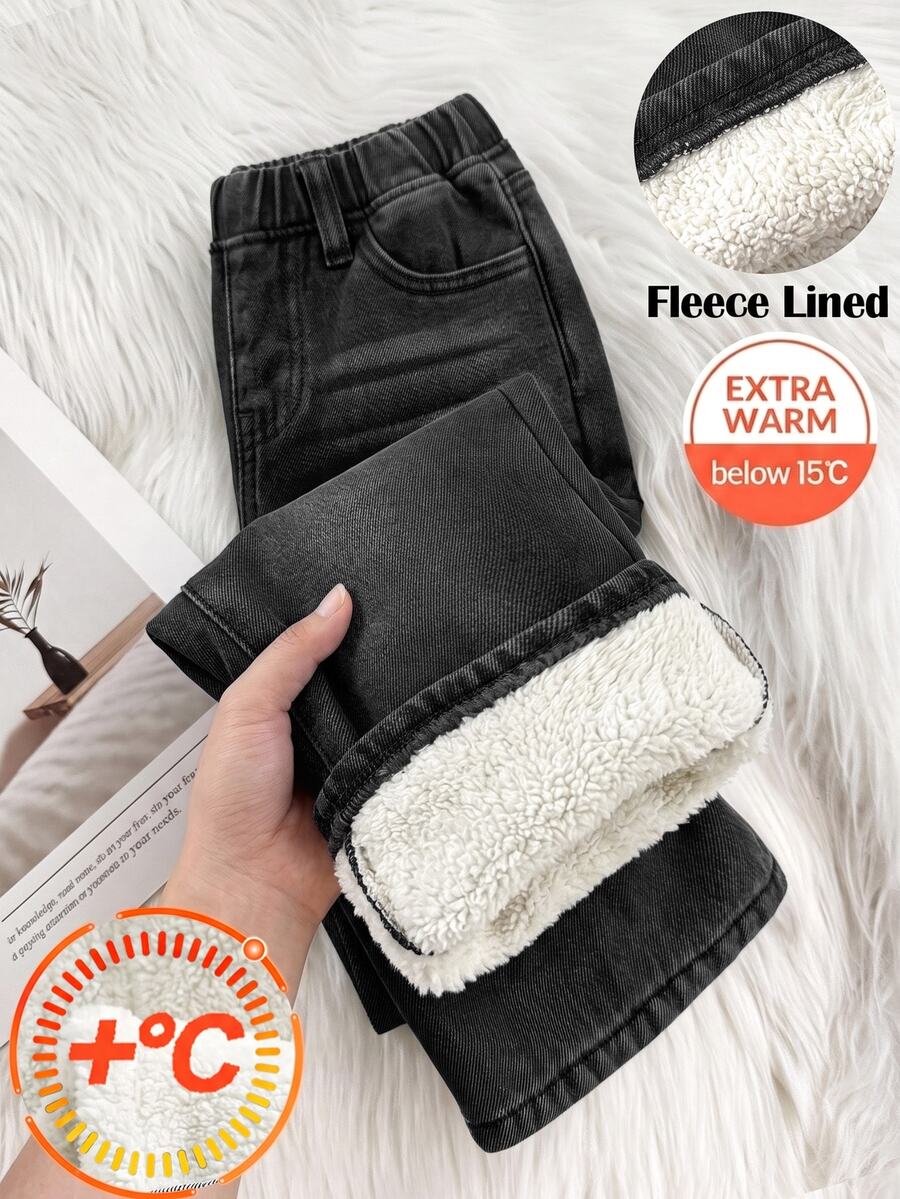 SHEIN Little Byeori 小男孩保暖內裡休閒寬鬆牛仔長褲,附口袋 - 黑色 - 查看 1