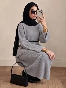 Solavon Women's Solid Color Bell Sleeve Top And Skirt Knit Two Pieces Set - Grey - View 5