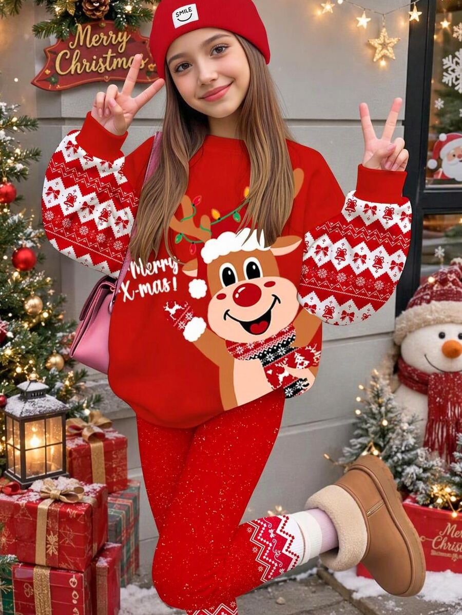Tween Girls Cute Adorable Christmas Reindeer Pattern, Fair Isle, Red, Soft Thick Crew Neck Long Sleeve Sweatshirt & Leggings Set, Suitable For Autumn/Winter, Christmas, New Fall Styles, Chic, Fall Sets - Multicolor - View 1