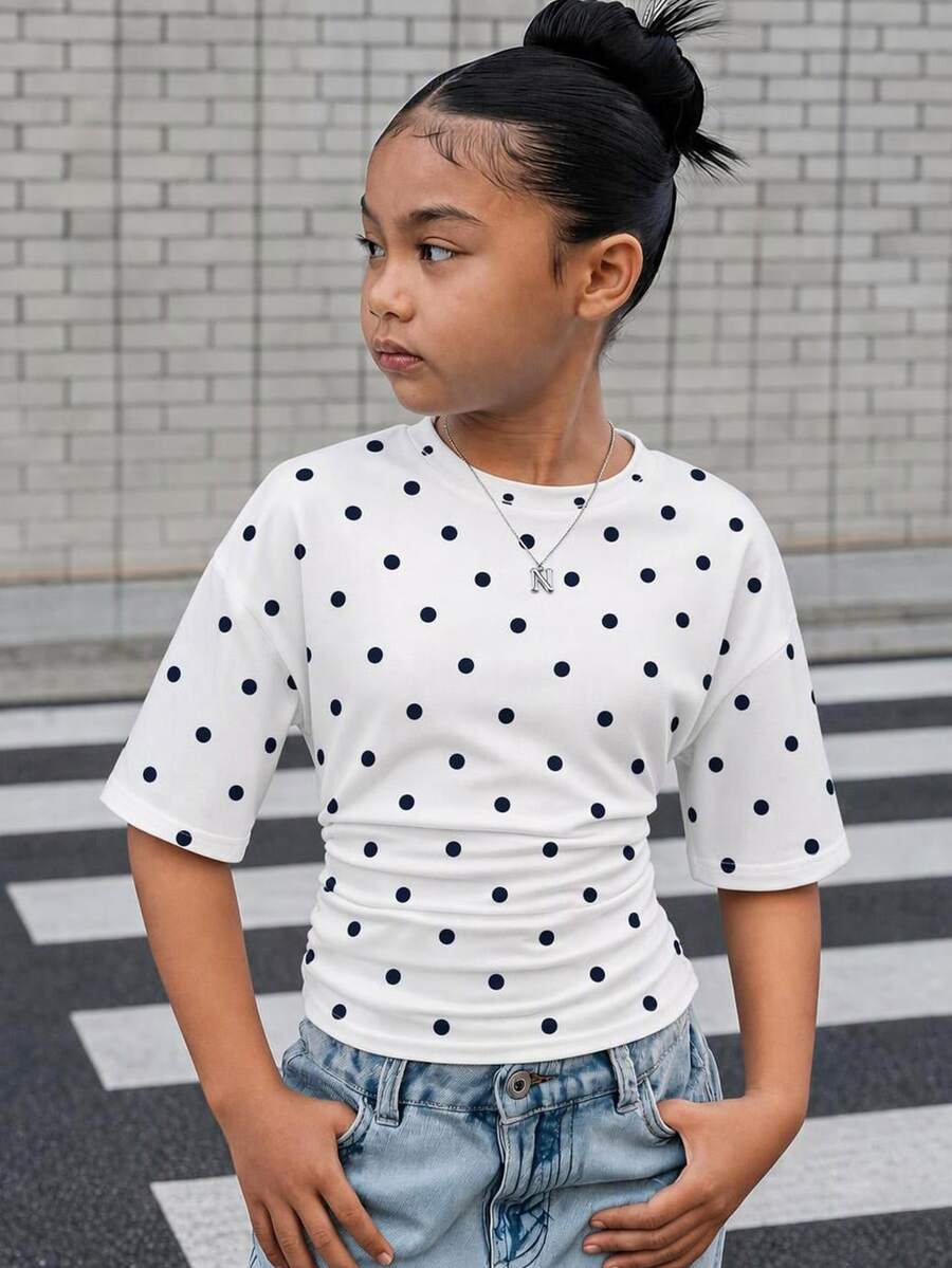 復古黑白波點 Y2K 青少女休閒極簡圓領抓皺腰身修身短袖 T-shirt,四季皆宜,美式街頭風 - 彩色 - 查看 1