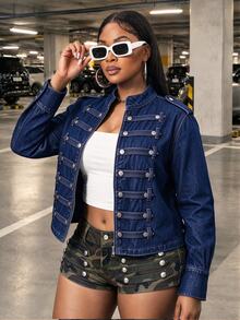 Slaydiva Winter New Napoleon Collar Loose Fit Plus Size Denim Jacket - Blue - View 3