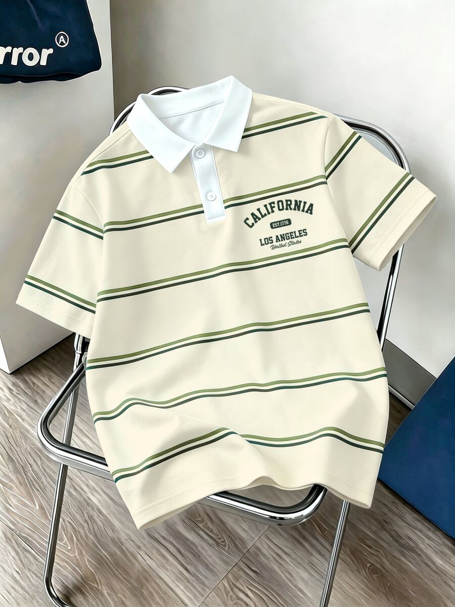 Daypath Men's Button Half-Placket Striped Colorblock Polo Shirt - Apricot - View 1