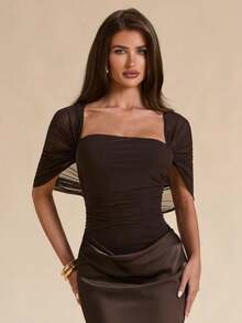 SHEIN BAE Autumn/Winter Solid Brown Shawl Wrap Slim Fit Mesh Ruched Bandeau Bodysuit - Brown - View 1