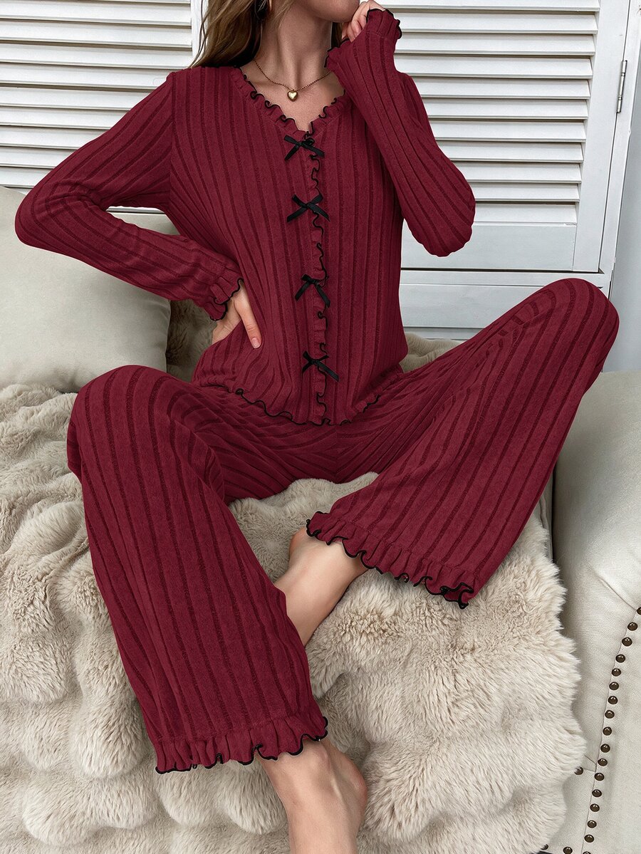 Dream Adore Bộ đồ ngủ nữ len dệt mềm họa tiết phối màu, viền bèo nhún, trang trí nơ, quần áo thu đông - Màu Đỏ Sâu - Xem 1