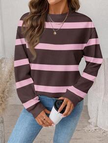 SHEIN LUNE Áo nỉ tay dài cổ tròn vai trễ kẻ sọc phong cách thường ngày cho nữ - trắng - Xem 6