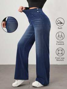Flexra Women's Street Style Elastic Casual Sporty Denim Wide Leg Pants - Dark Wash - View 1