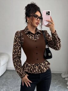 Selianne 女款棕色豹紋拼接黑色羅紋布料翻領收腰顯瘦設計 2合1 高端優雅教師穿搭 日 Cyber Monday 萬聖節 單身派對 聖誕前夕 聖誕節 萬聖節 感恩節 聖誕穿搭 秋季襯衫 秋季上衣 秋季服飾 新款必備時尚單品 小眾設計 百搭風格 - 彩色 - 查看 3