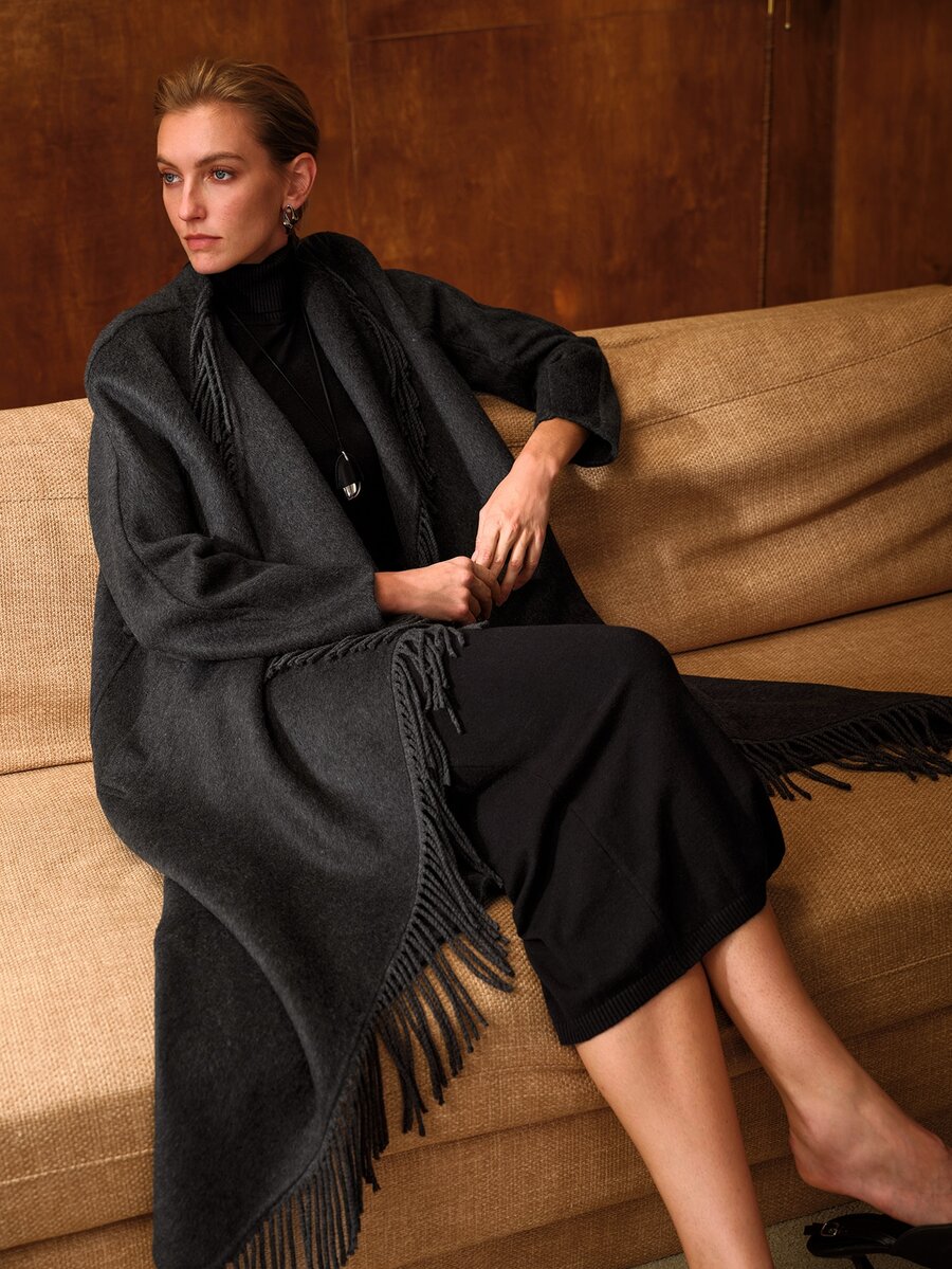 MOTF PREMIUM WOMEN'S ELEGANT TASSEL DECOR LONG SLEEVE OVERCOAT - Dark Grey - View 1