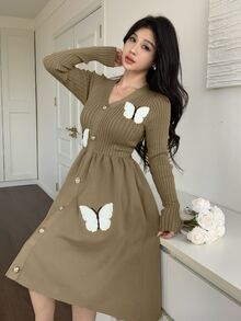 Feyla Women's Butterfly Pattern Single-Breasted Long Sleeve Fashion Knit Dress - Multicolor - View 3
