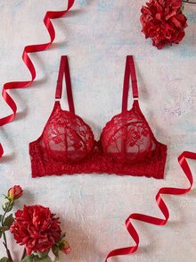 Elorette Burgundy Lace Patchwork Side-Smoothing Romantic Elegant Plus Size Bra - Burgundy - View 3