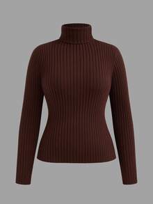 Sweetra Plus Size Women's Turtleneck Sweater, Long Sleeve Vertical Ribbed Knit Pullover, Slim Fit Stretch Solid Color Basic Fall Winter Top, Available In Whit - Multicolor - View 6