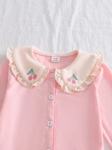 SHEIN Autumn/Winter 2 Pieces Set Baby Girl Loungewear, Sweet Cute Pink Series, Peter Pan Collar Cardigan Top With White Ruffle Trim And 3D Cherry Embroidery - Pink - View 7
