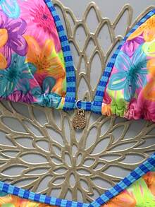 Swim Mod-D 2 Pieces Set Spring/Summer Floral Random Print Gold Pattern Round Disc Decor Halter Triangle Bikini Top And High-Cut Thong Sexy Bikini Swimsuit Set For Women - Multicolor - View 5
