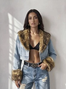 SHEIN Glamour 女款毛領長袖單排扣休閒牛仔外套 - 霧霾藍 - 查看 2