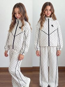 大女孩/青少年女孩兩件式時尚休閒立領夾克與長褲套裝 - 黑與白 - 查看 1