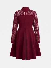 SHEIN Tween女孩童裝紅色蕾絲拼接洋裝，舒適柔軟休閒百搭時尚優雅正式場合穿搭 - 酒紅色 - 查看 2