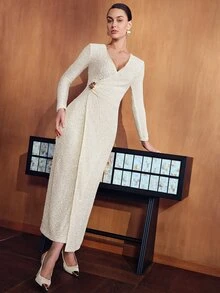 MOTF PREMIUM WOMEN'S V-NECK TEA BREAK WRAP WAIST MID-LENGTH LONG SLEEVE DRESS, AUTUMN/WINTER - Beige - View 4