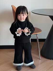 DAZY 女嬰韓式風蕾絲拼接長袖針織衫 2合1 幼兒女童服飾 - 黑色 - 查看 3
