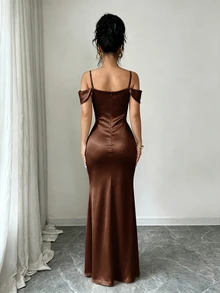 Elenzga Women's Summer Elegant Solid Color Off-Shoulder Spaghetti Strap High Slit Dress - Brown - View 2