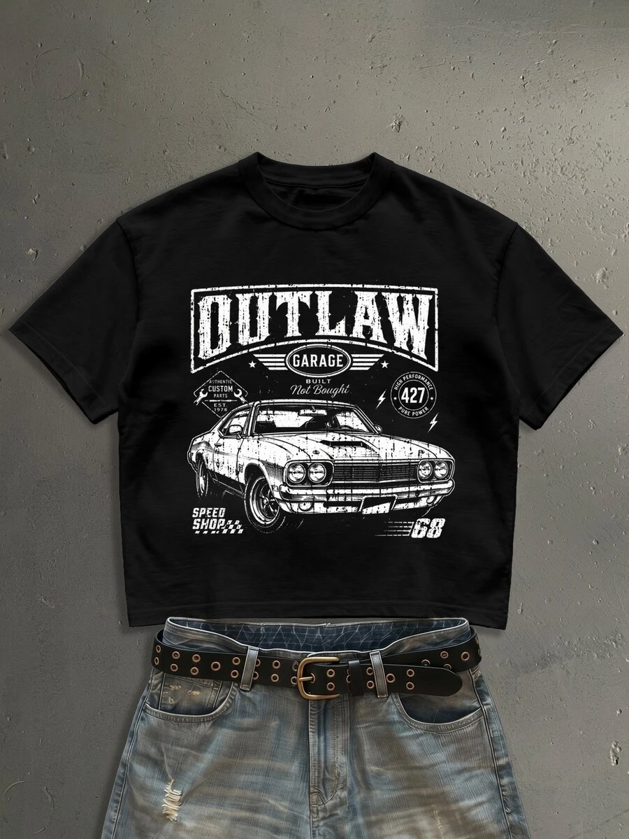 StoneGrade American Vintage Racing Car Poster Fashion Print Pattern Men's Black Standard Size Cropped Loose Fit Short Sleeve T-Shirt - Black - View 1