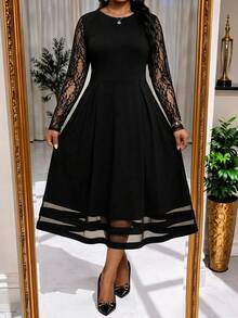 SHEIN Lady Plus Size Women's Contrast Lace Long Sleeve Round Neck Elegant Dress - Black - View 3