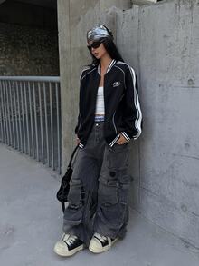 Coolane 女款秋冬休閒外出時尚街頭風條紋拉鍊立領長袖運動風飛行夾克 - 黑色 - 查看 5