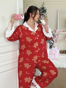 Slumberry CURVE Sweet Cute Gingerbread Man Candy Cane Print Colorblock Ruffle Woven Plus Size Pajama Set - Burgundy - View 6