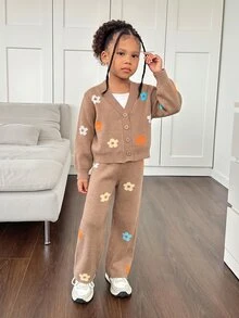 SHEIN Young Girl 2pcs/Set Young Girl Plain Cardigan & Knitted Pants, Sweater Outfits In Fall/Winter - Khaki - View 8