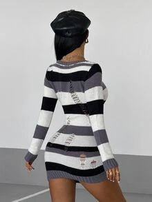 StreetHx Y2K Punk Style Striped Cold Shoulder Distressed Hollow Long Sleeve Knit Bodycon Mini Dress, Grunge Style Exposed Shoulder Knitted Dress - Grey - View 2