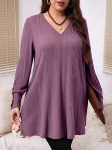 EMERY ROSE Plus Size Solid V-Neck Long Sleeve Button Decor Casual T-Shirt Fall Cloth For Women - Dusty Purple - View 5