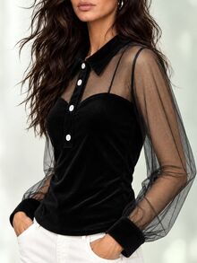 LUMIGAL Women's Mesh Patchwork Casual Daily Wear Shirt - Black - View 6