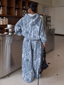 青少年女孩休閒時尚復古葉子圖案連帽落肩衛衣與寬鬆長褲2件套，適合秋冬日常、街頭、外出、休閒、嘻哈、Y2K、音樂節、美式街頭、甜酷慵懶、隨性時尚 - 白色 - 查看 2