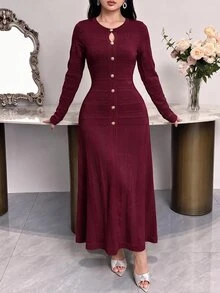 Feyla Women's Solid Color Long Sleeve Button Design Elegant Knit Dress - Burgundy - View 5