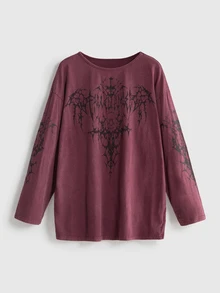 ROMWE Grunge Punk 復古龐克翅膀與隨機酸洗做舊水洗 T-shirt - 酒紅色 - 查看 1