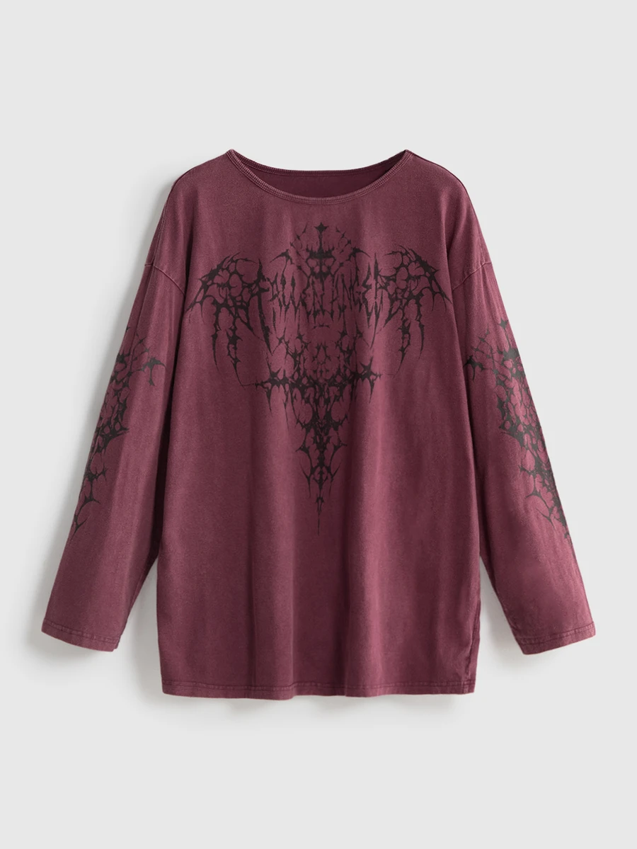 ROMWE Grunge Punk 復古龐克翅膀與隨機酸洗做舊水洗 T-shirt - 酒紅色 - 查看 1