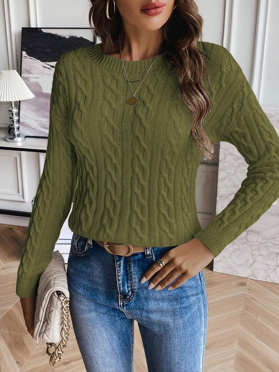 Sprig & Strand Cable Knit Drop Shoulder Sweater,Long Sleeve Tops Knit Pullover Fall Winter - Army Green - View 1