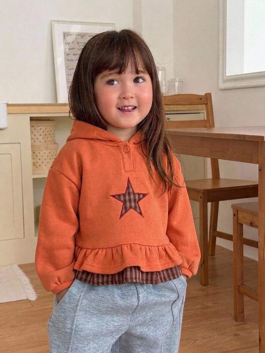 Dazy Kids Baby Girls Hooded Five-Point Star Korean Style Long Sleeve Autumn/Winter Sweatshirt - Orange - View 1