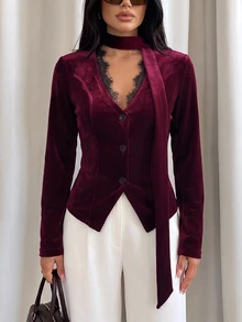 Firerie Autumn/Winter Atmosphere Velvet Top With Scarf Tie, V-Neck Lace Trim Patchwork, Slim Fit Flattering Blazer Jacket - Burgundy - View 1