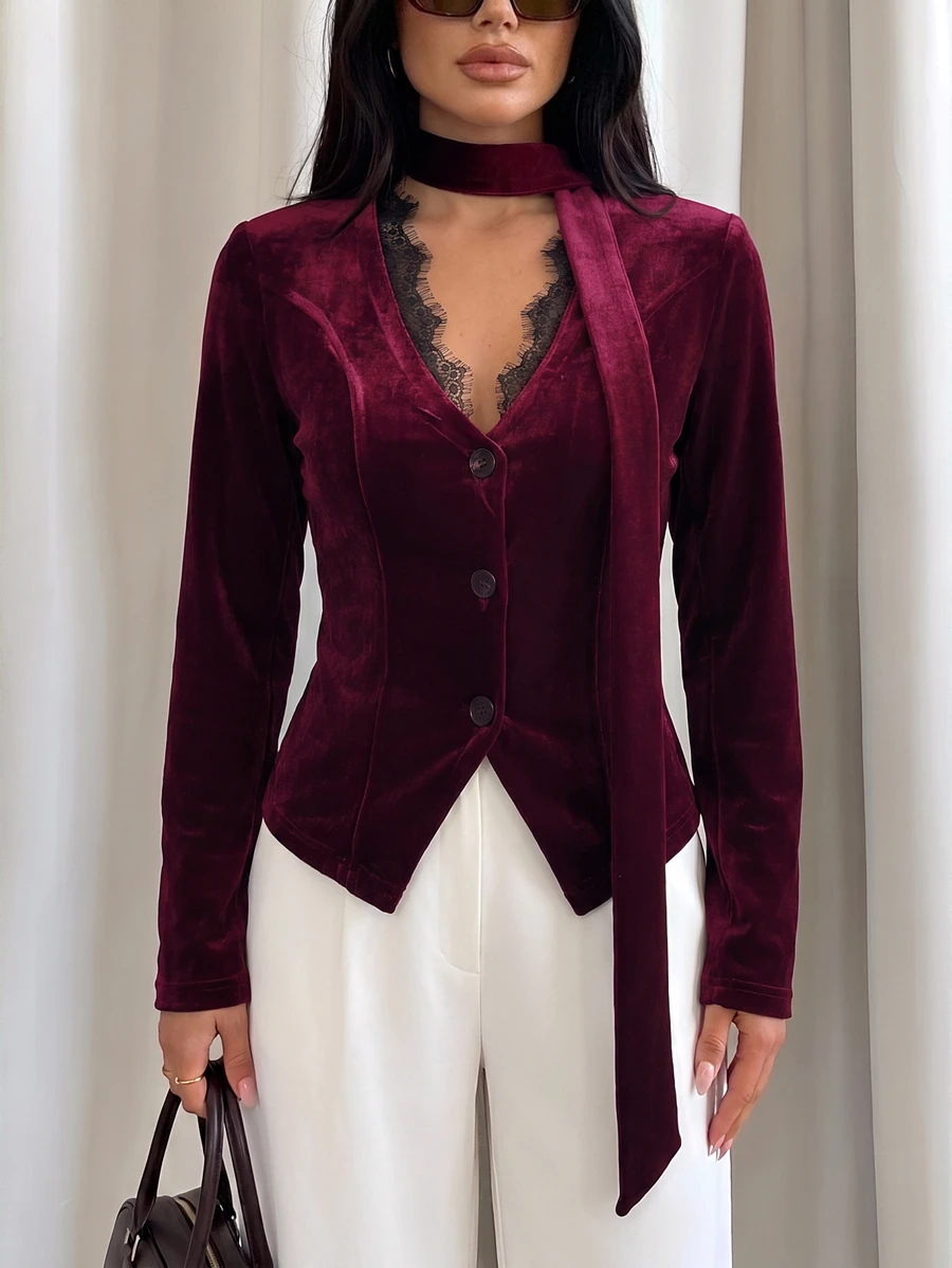 Firerie Autumn/Winter Atmosphere Velvet Top With Scarf Tie, V-Neck Lace Trim Patchwork, Slim Fit Flattering Blazer Jacket - Burgundy - View 1