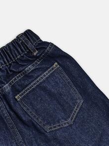 SHEIN 女款 Y2K 休閒寬鬆寬腿牛仔長褲，復古水洗深藍色修身長褲，適合校園日常穿著 - 深色水洗藍 - 查看 4