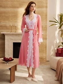 Moireta Women's Lace Patchwork Dress & Cardigan Pajama Set - Dusty Pink - View 6