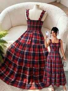 GlowEve CURVE Plus Size Women's Elegant Solid Color Textured Pleated Hollow Out Backless Bow Tie Strap Long Maxi Dress, Suitable For Summer Beach Vacation, Dating - Red - View 2