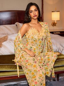 Slumberist Mature Sexy Floral Semi-Sheer Mesh Print Contrast Lace Diamond Heart Buckle Camisole Pants & Jacket Women's Pajama Set - Yellow - View 1