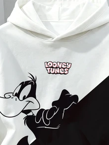 LOONEY TUNES X SHEIN Daypath 男士大尺碼卡通印花長袖休閒連帽衛衣 - 黑與白 - 查看 3